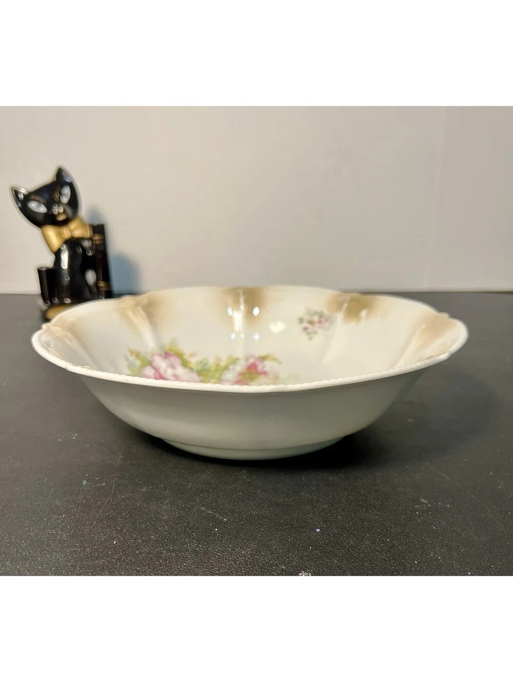 German Antique 1910s Poppy Floral Porcelain Scalloped Bowl, 9x2.5”